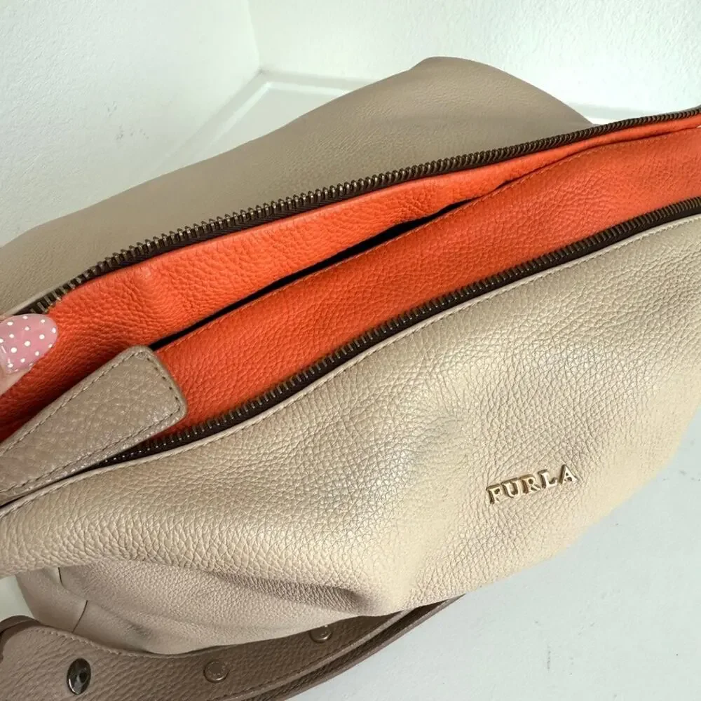 FURLA Genuine Leather Shoulder Bag Beige Taupe Hobo Satchel Made in Italy‎
